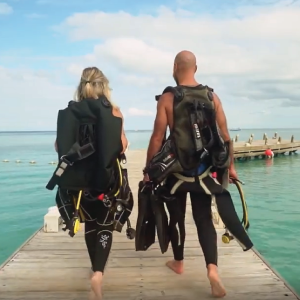 divers walking down the dock